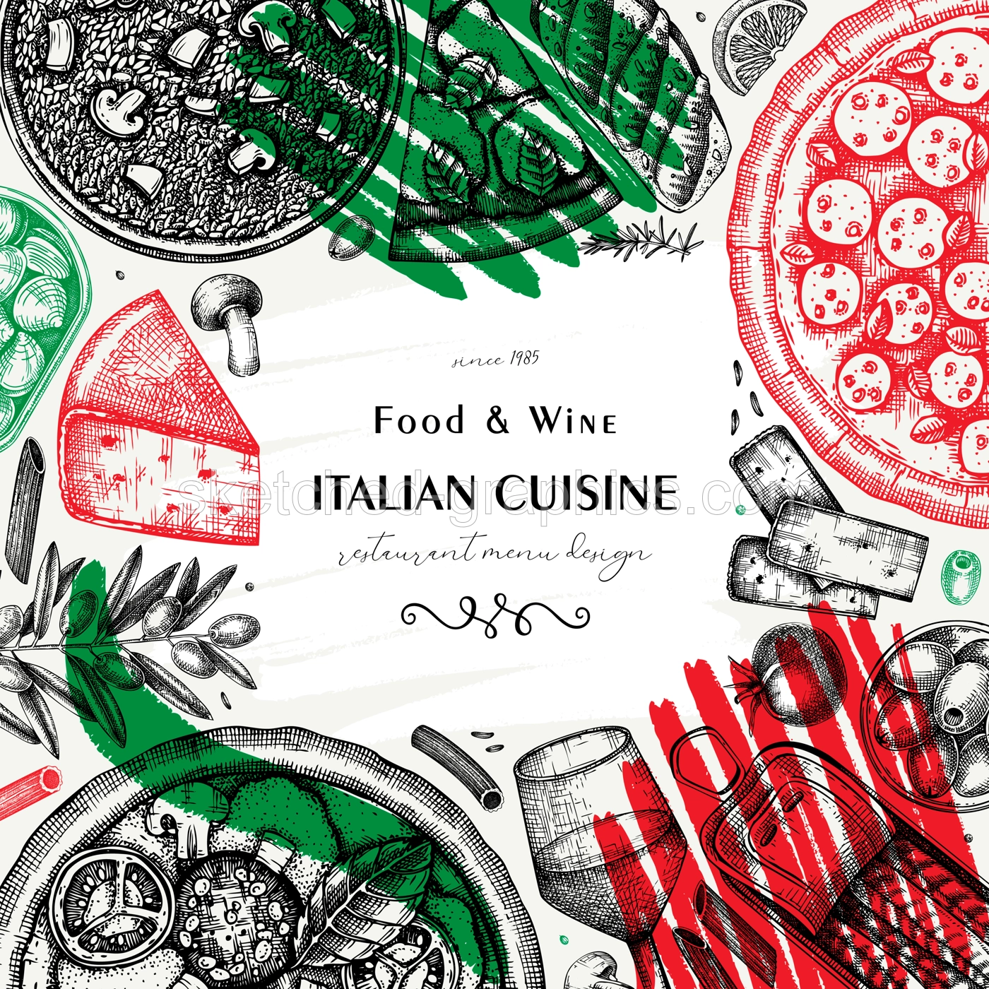  Italian cuisine frame design in collage style. Hand drawn pizza, pasta, risotto with mushrooms, and canape. Mediterranean food sketches. Artistic vector background  Illustration